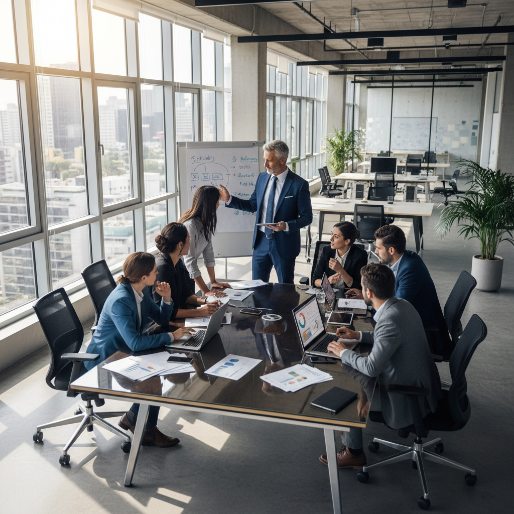 Business team meeting in modern office with whiteboard