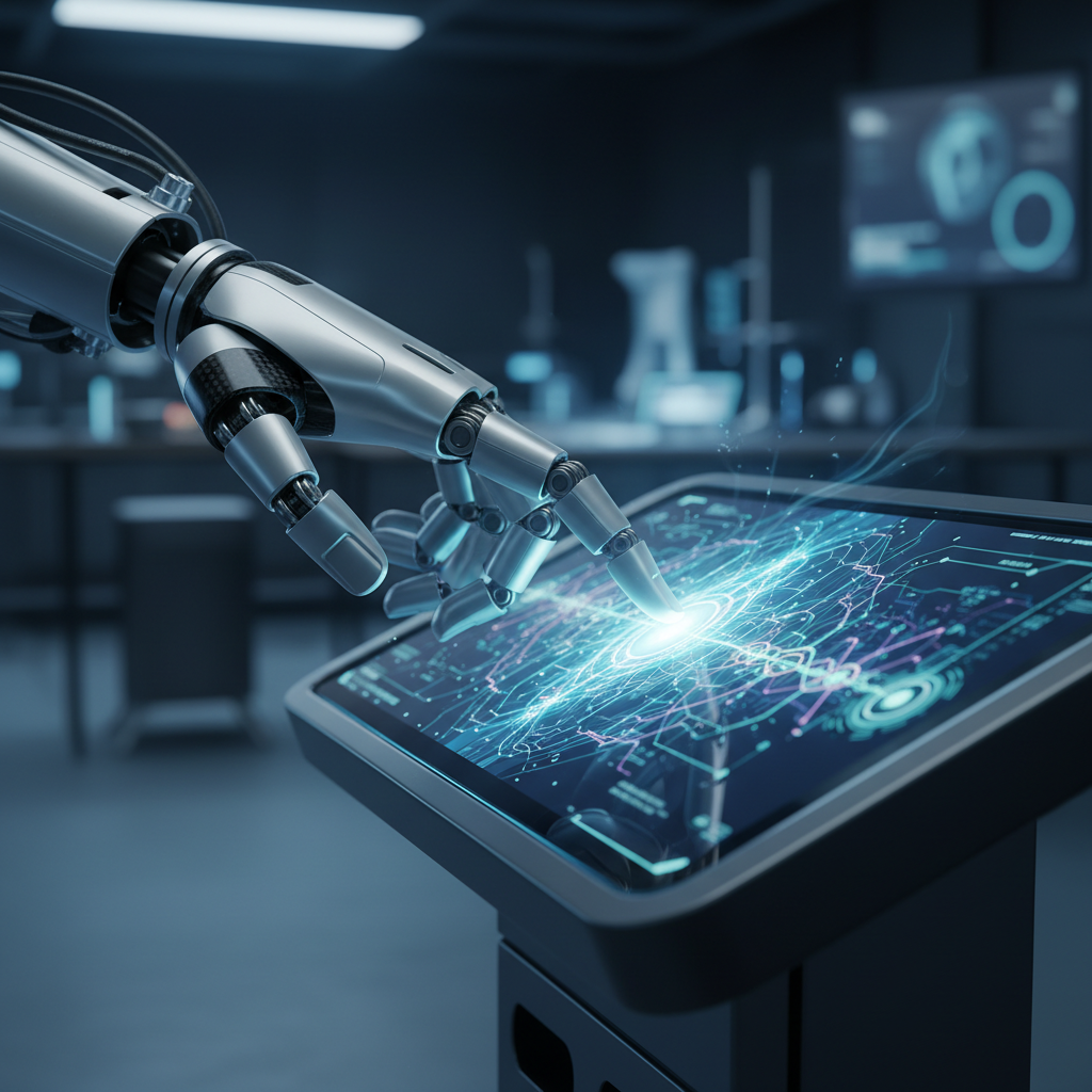 AI robot and human hand touching digital interface