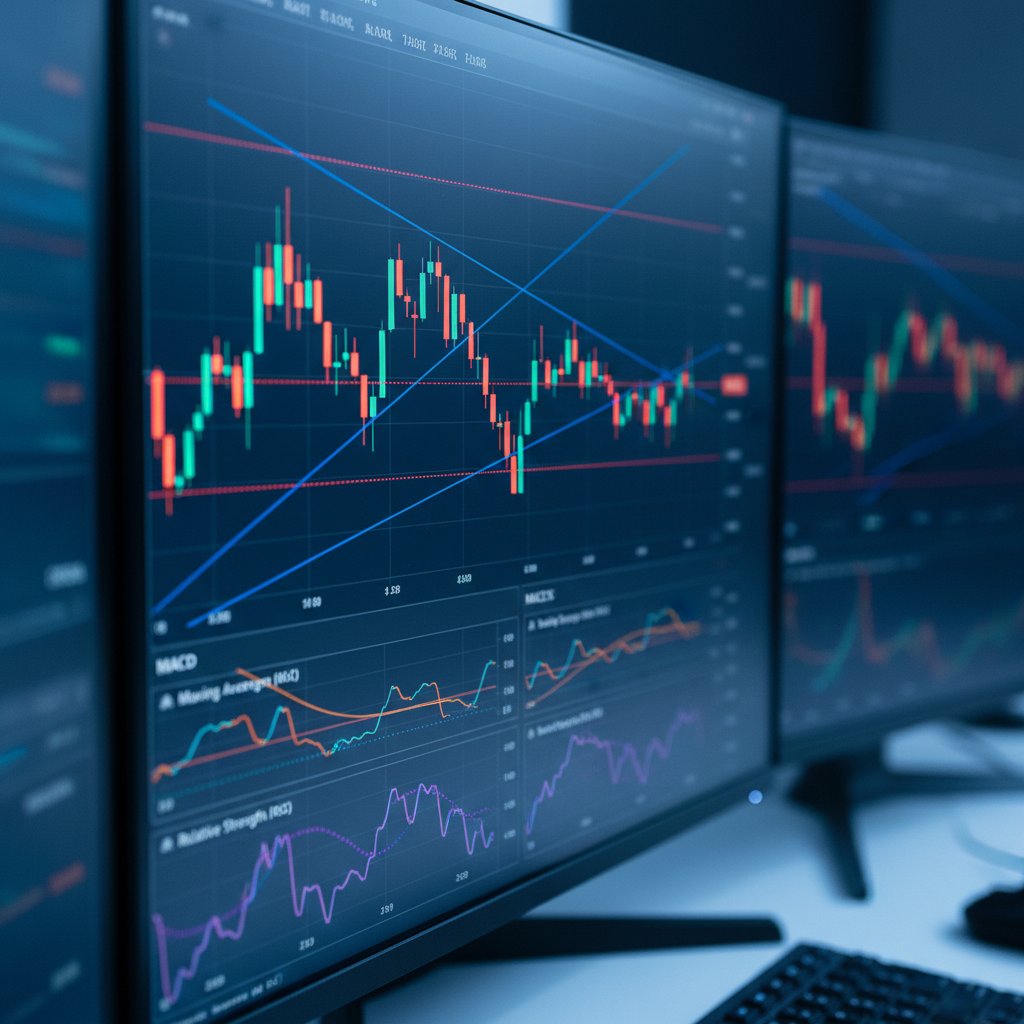 Stock market charts and mutual fund performance graphs on screen