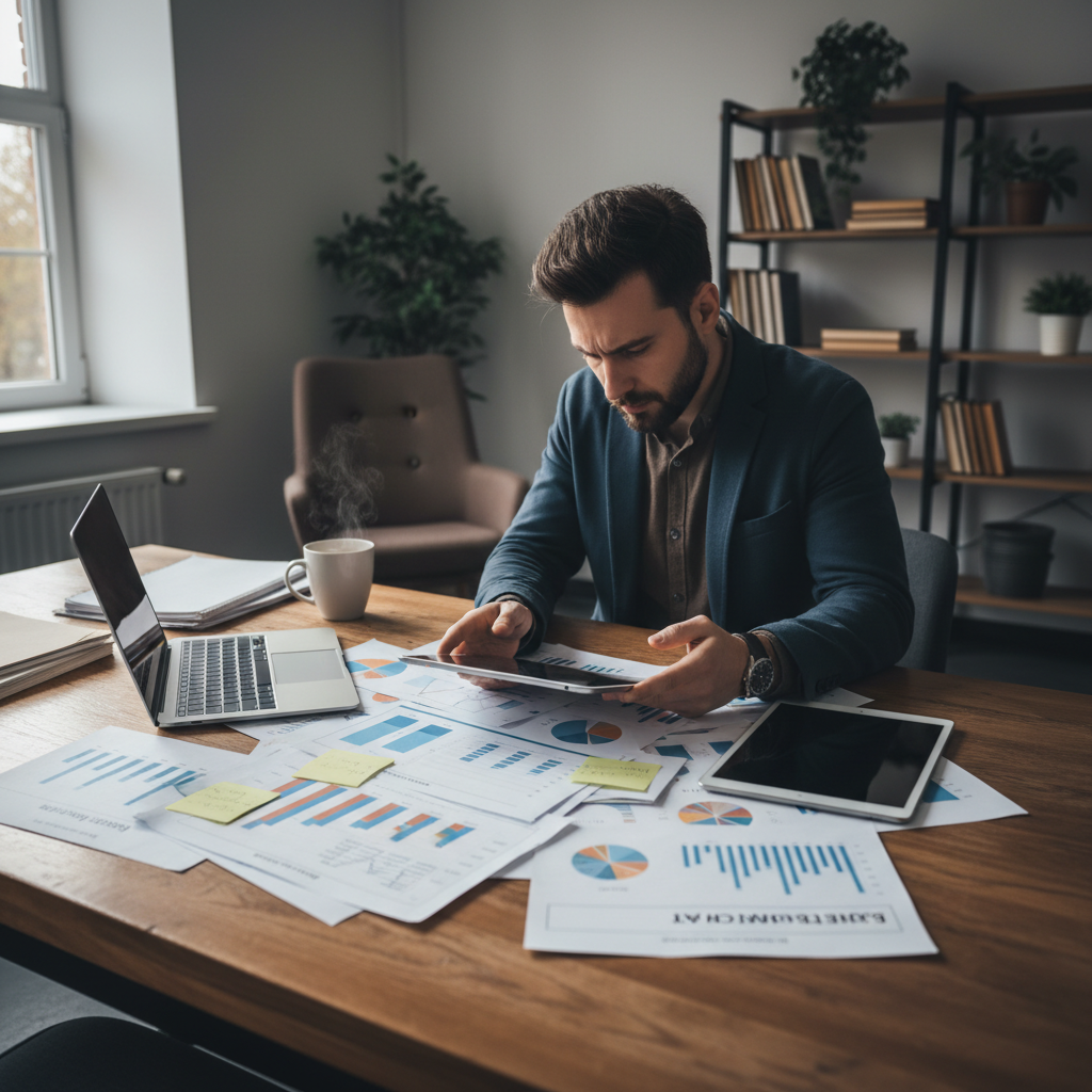 Entrepreneur reviewing business registration documents at office desk
