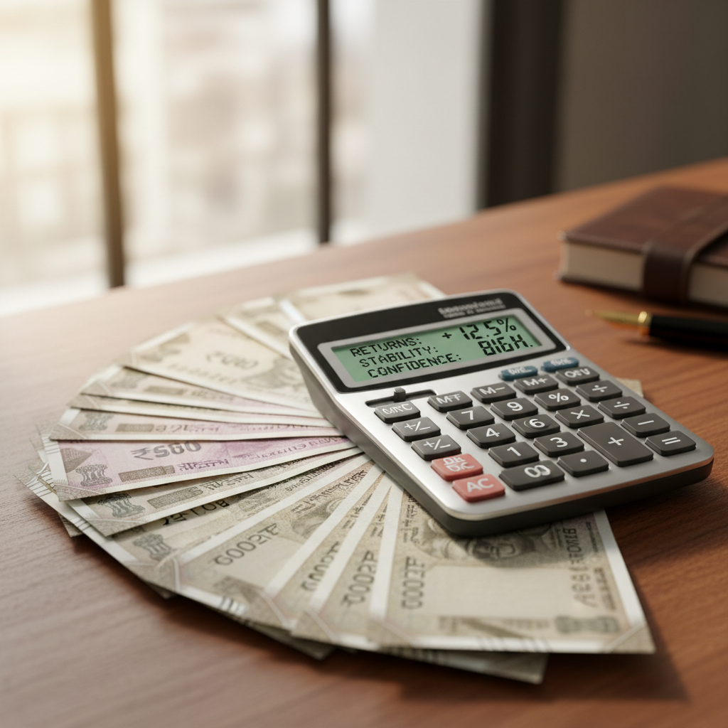 Indian currency notes and coins arranged on wooden surface with calculator