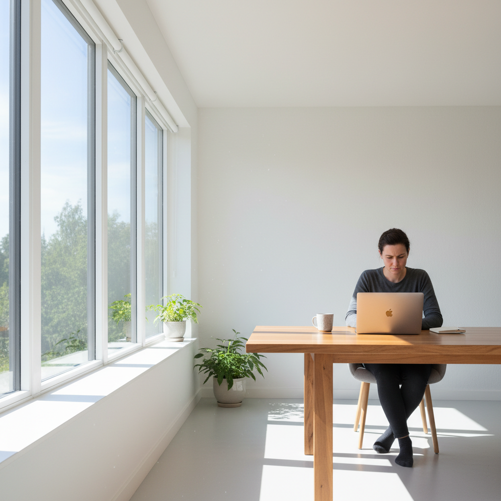 Person working on laptop at modern home office desk with natural lighting