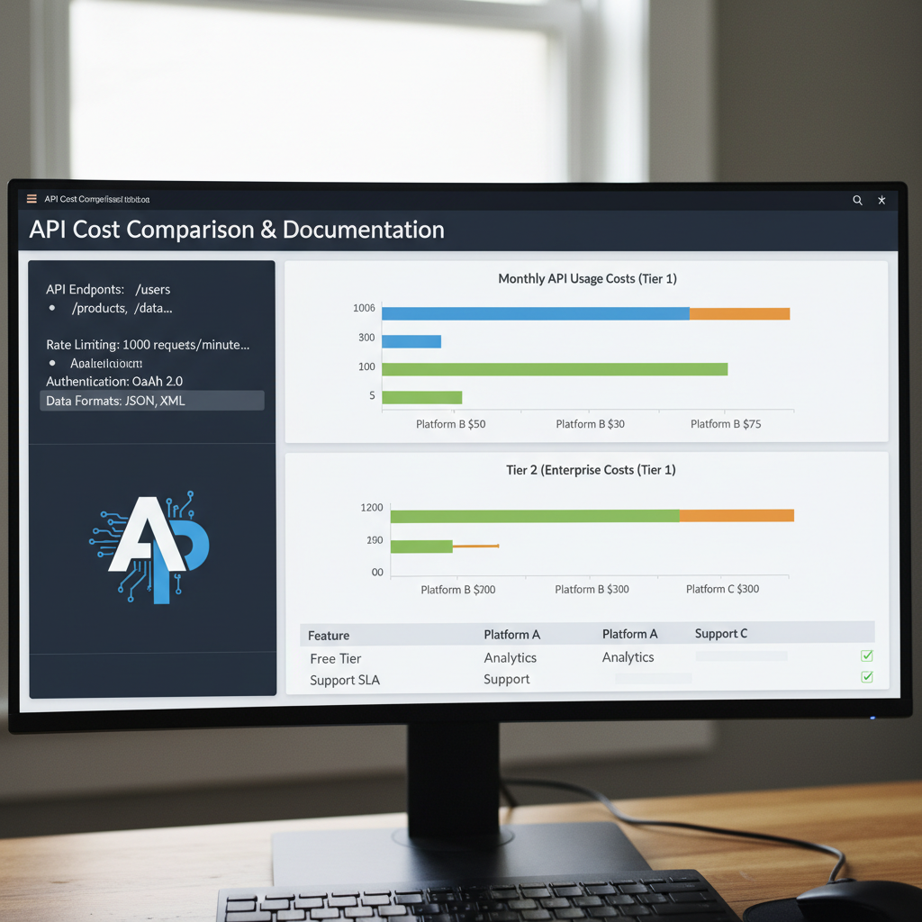 API documentation on computer screen with cost comparison charts