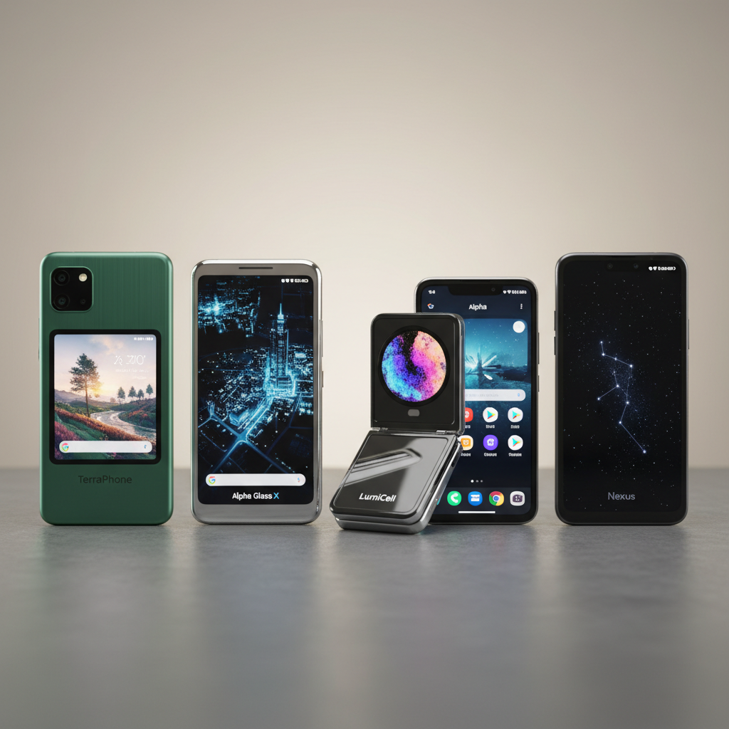 Row of latest smartphones displayed on a table showing different screen sizes