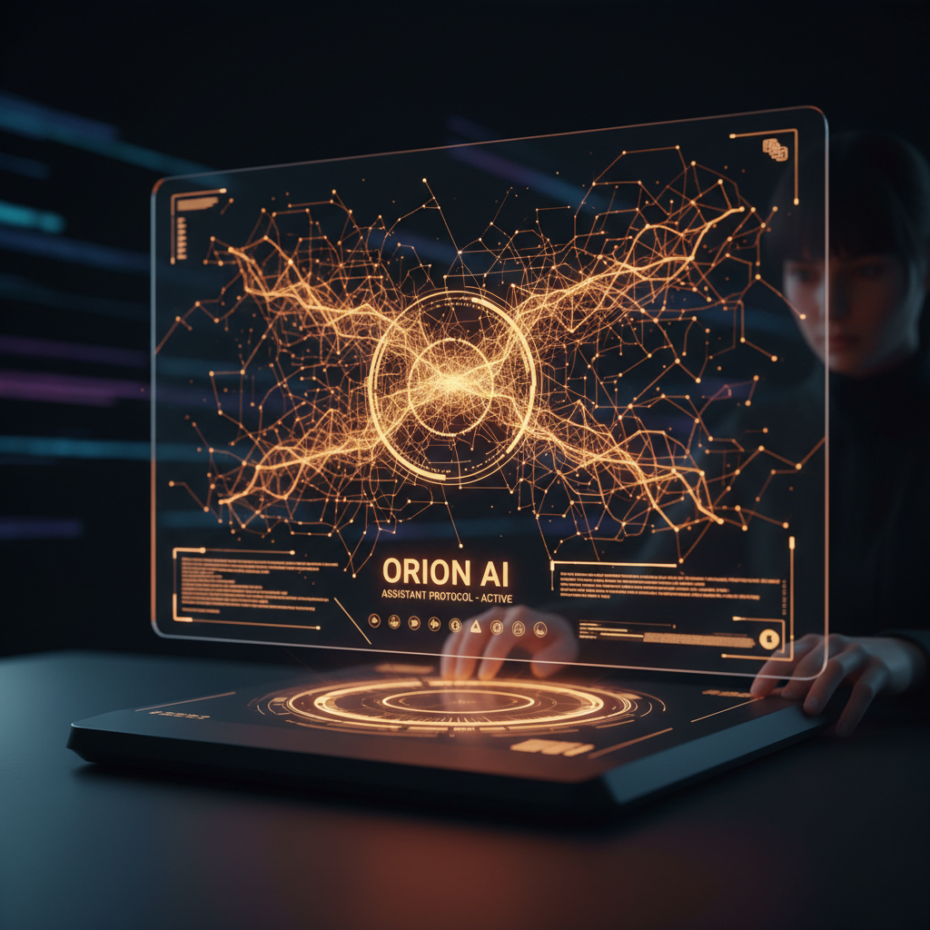 Futuristic AI interface with glowing neural network visualization on dark background