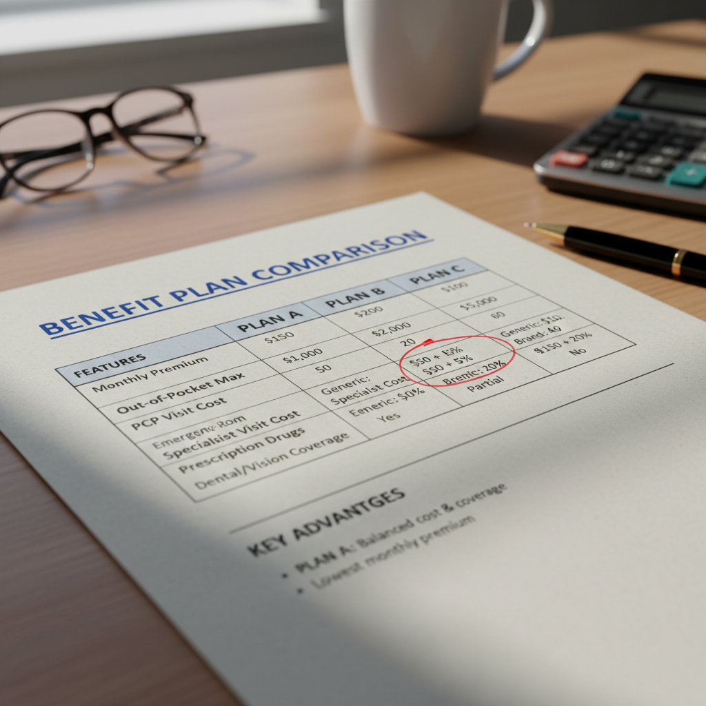 Retirement planning documents with pension fund charts on wooden desk