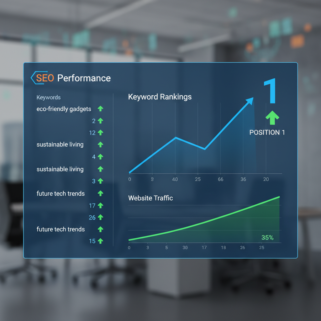 SEO dashboard showing AI search optimization strategies and ranking improvements