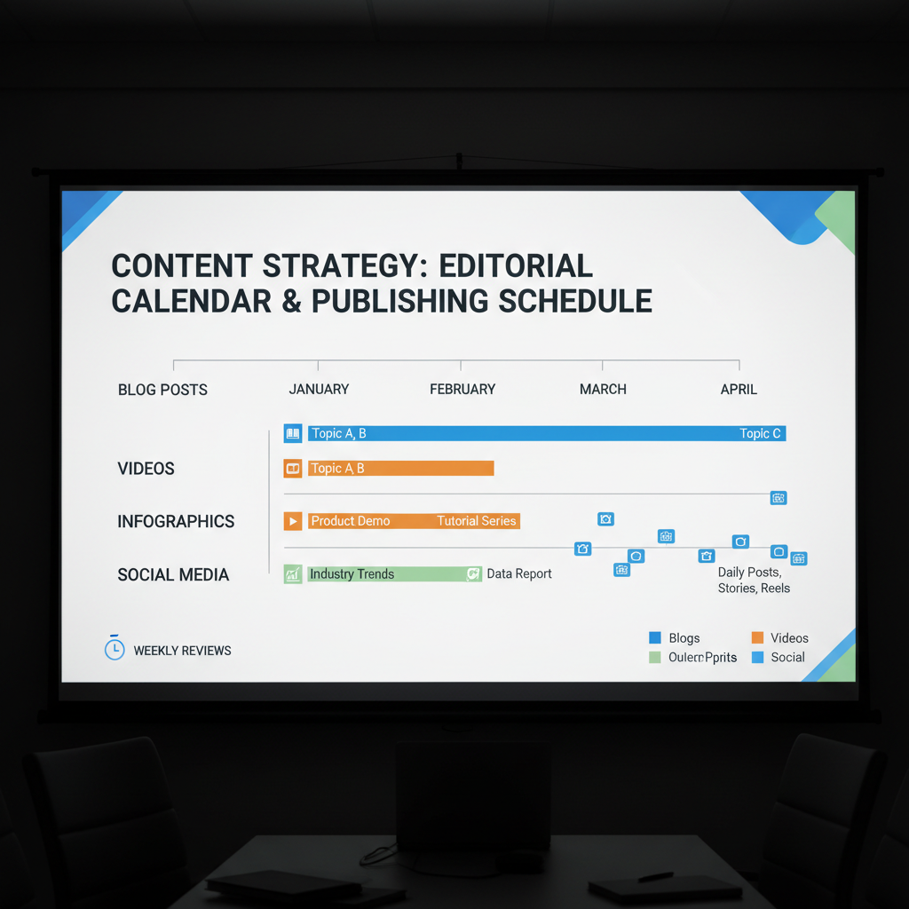 Content marketing calendar showing blog social media and video content strategy