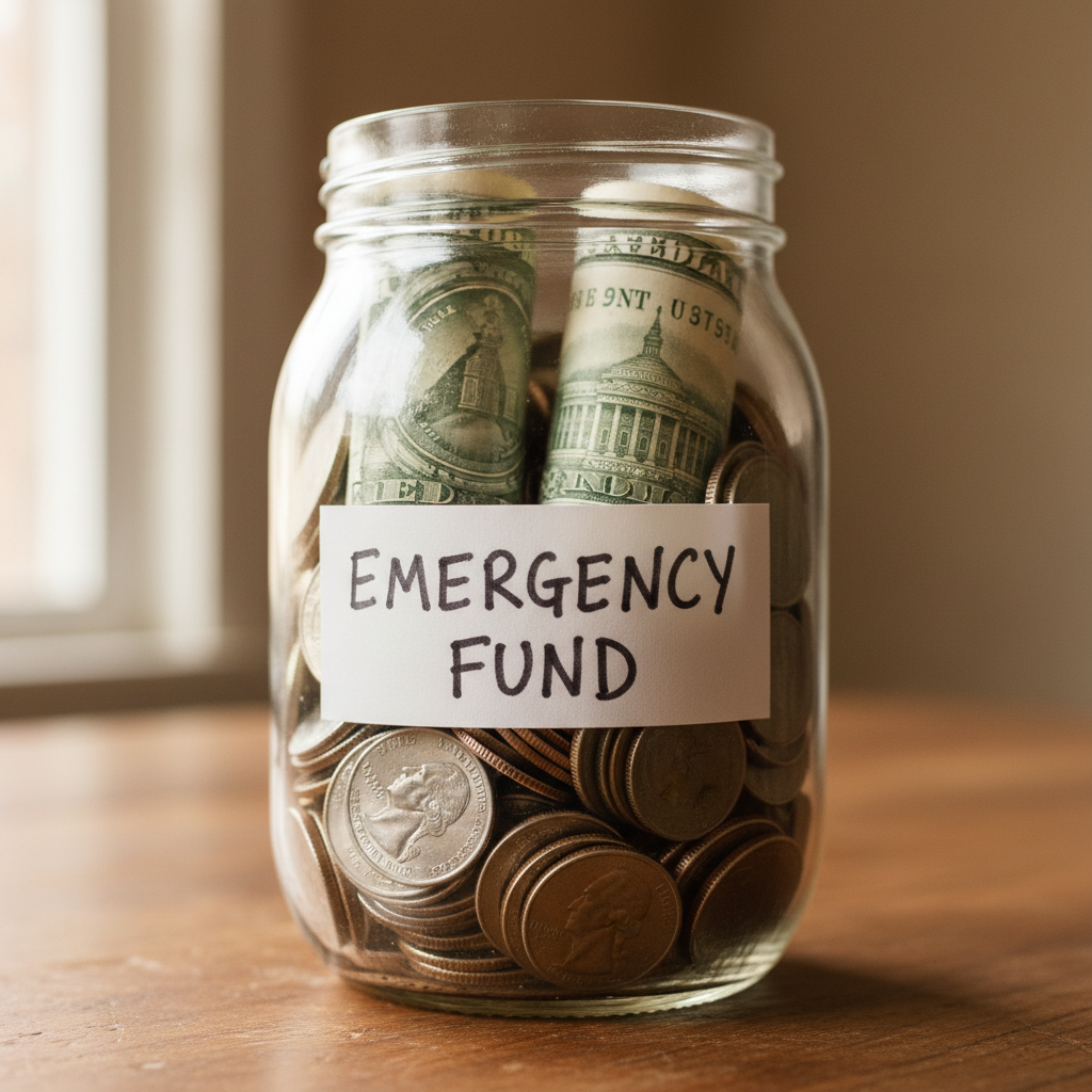 Glass jar with coins and emergency fund label on white background