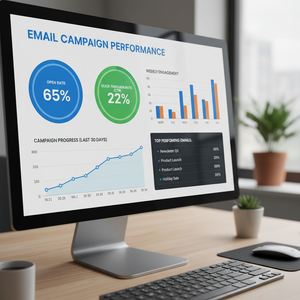 Email marketing campaign dashboard showing open rates click rates and conversion metrics