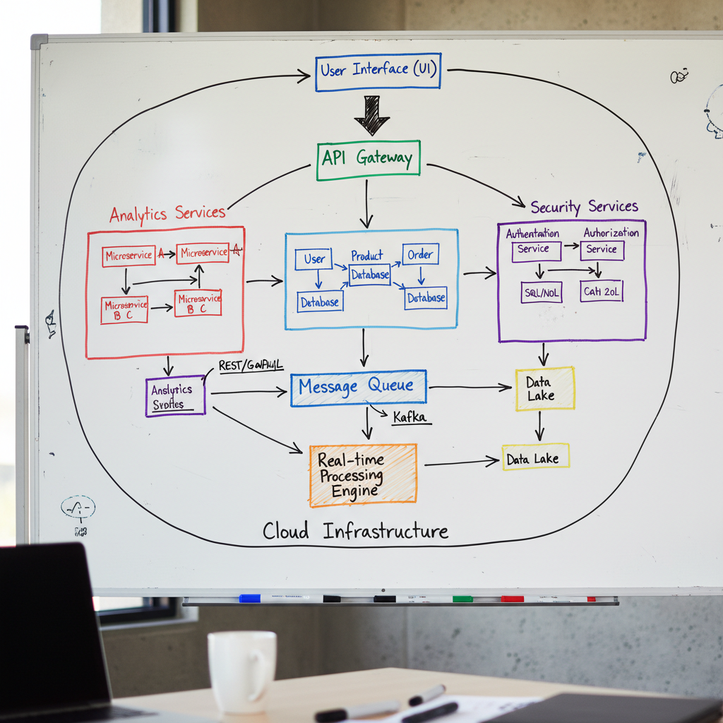 System architecture diagram on whiteboard in tech interview setting