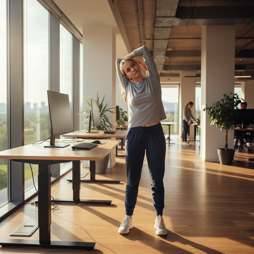 Office worker doing stretching exercises at standing desk