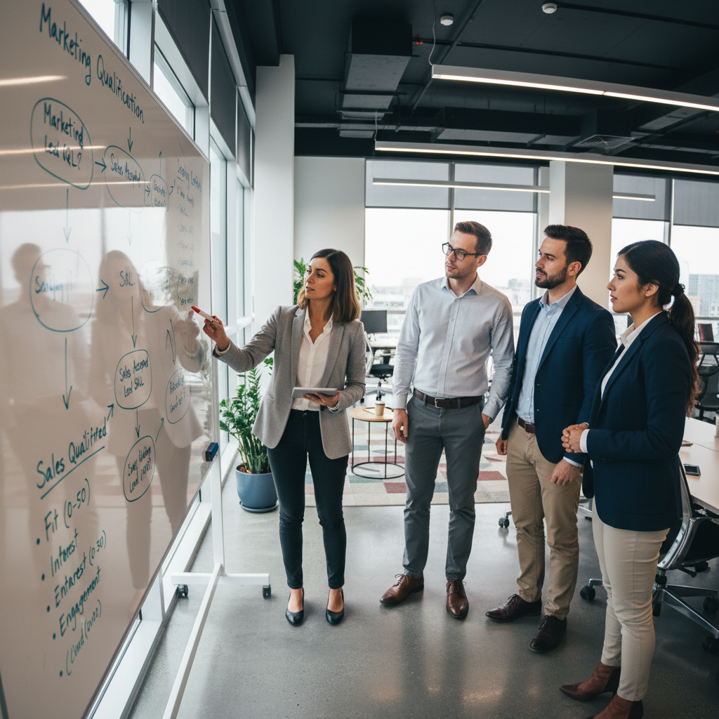 Startup team in hiring interview with candidate evaluation framework on whiteboard