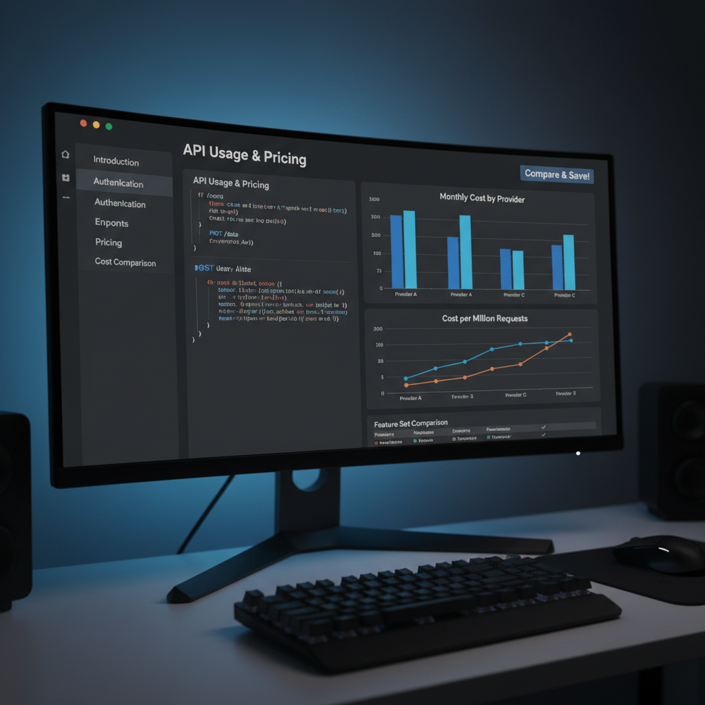 API documentation on computer screen with cost comparison charts