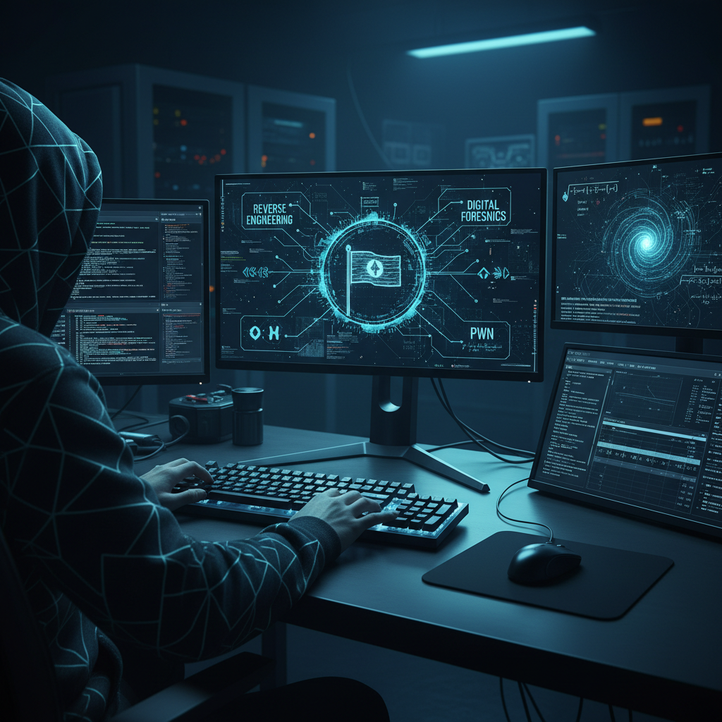 Hacker in dark room with multiple screens showing code and security alerts