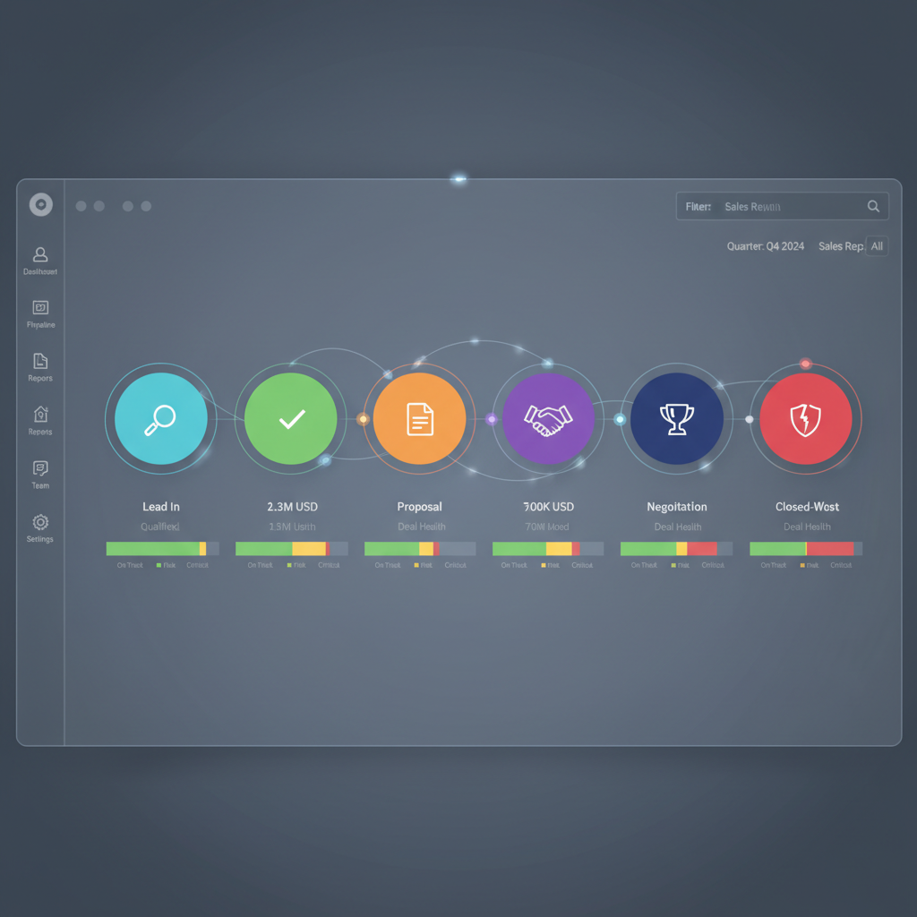 B2B sales pipeline dashboard showing deal stages from prospecting to closed won