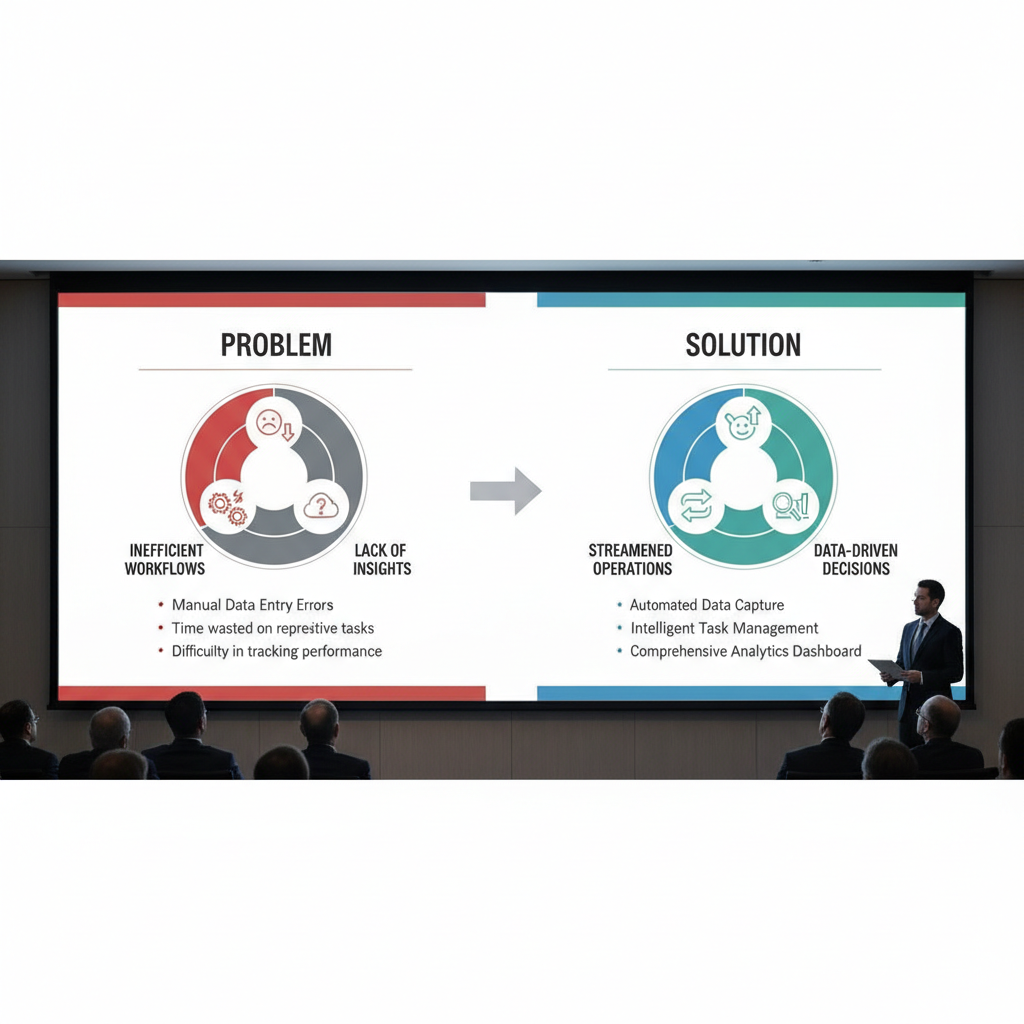 Startup pitch deck slides showing problem solution market size team and financials