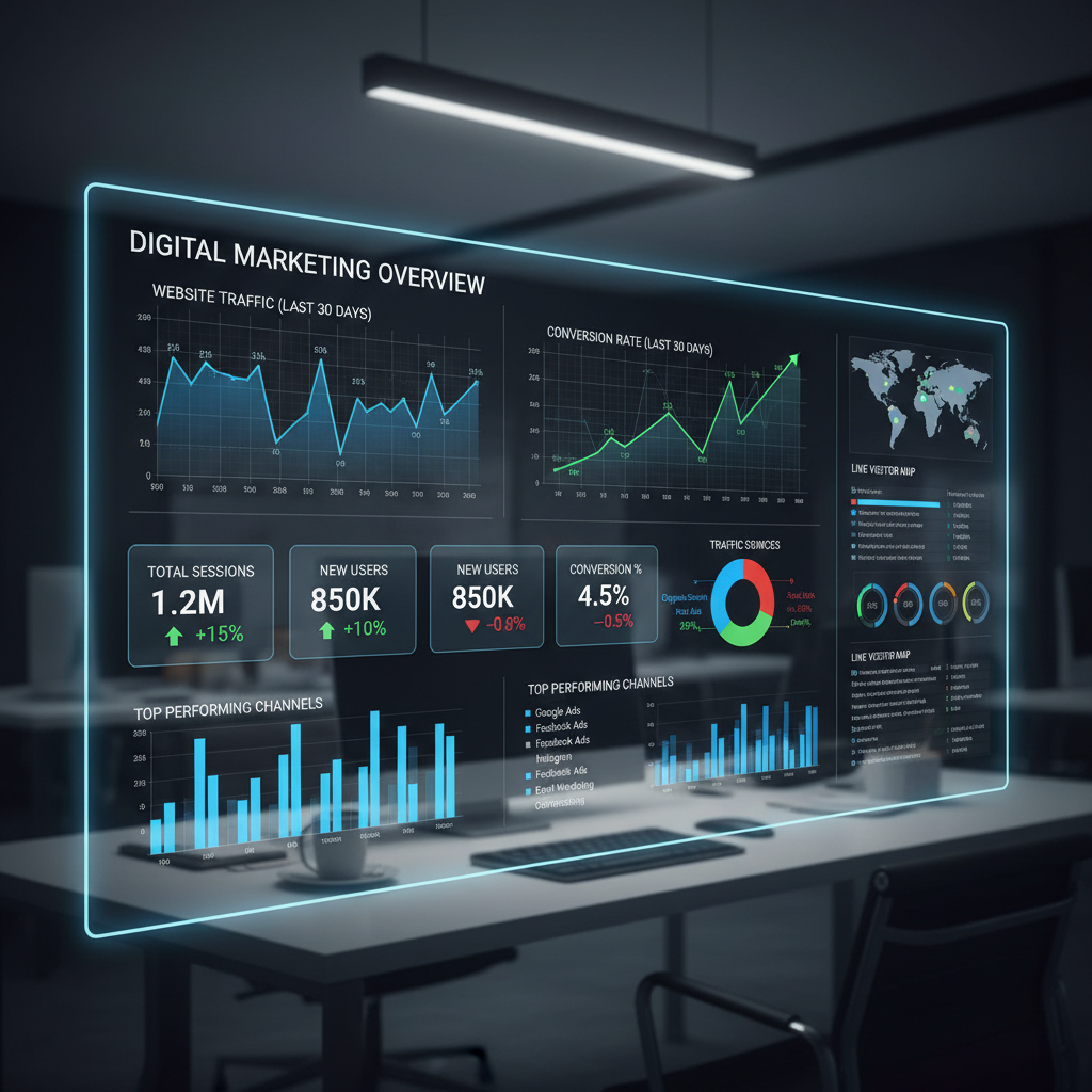 Digital marketing strategy dashboard showing channel performance and campaign metrics