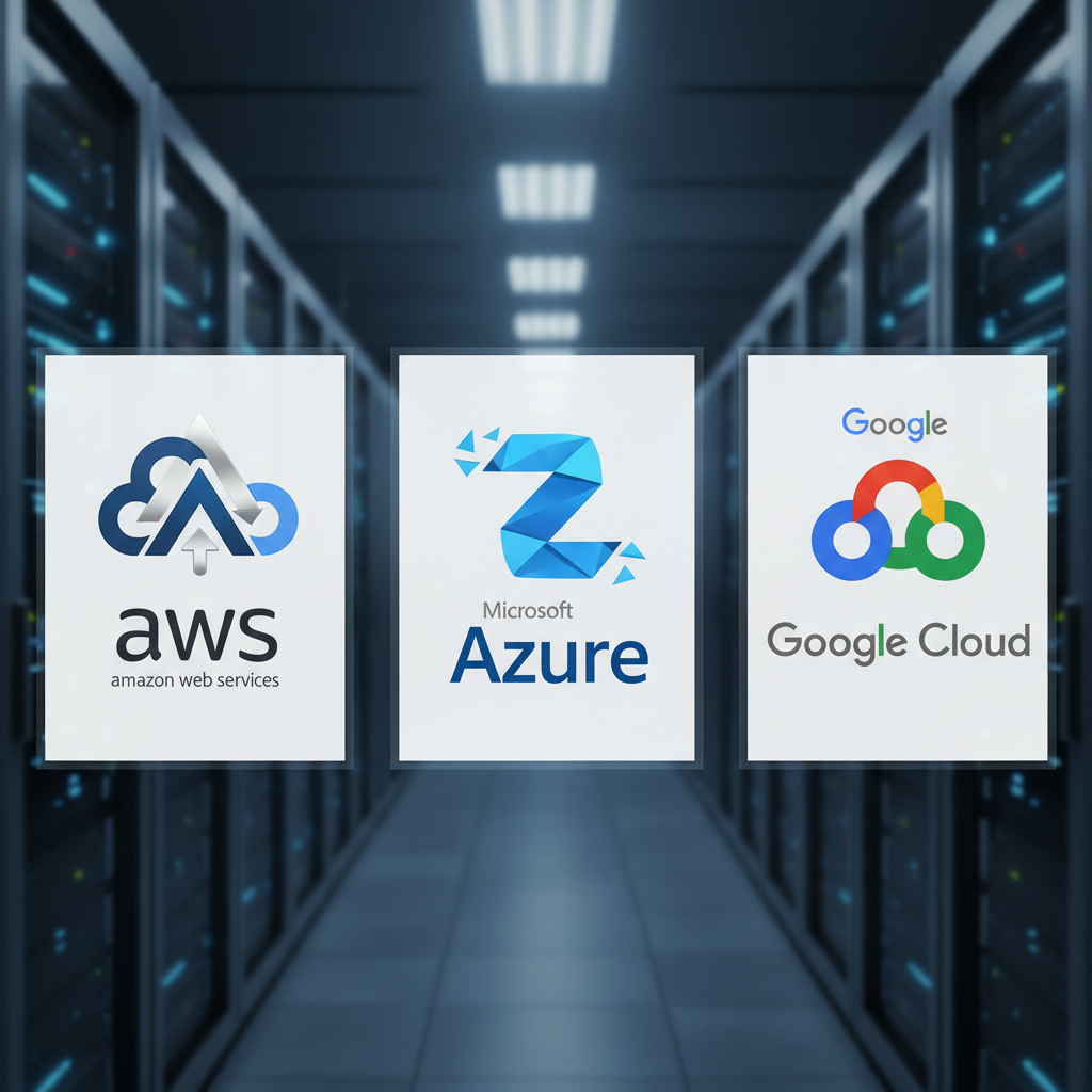 Three cloud provider logos AWS Azure and Google Cloud on server room background