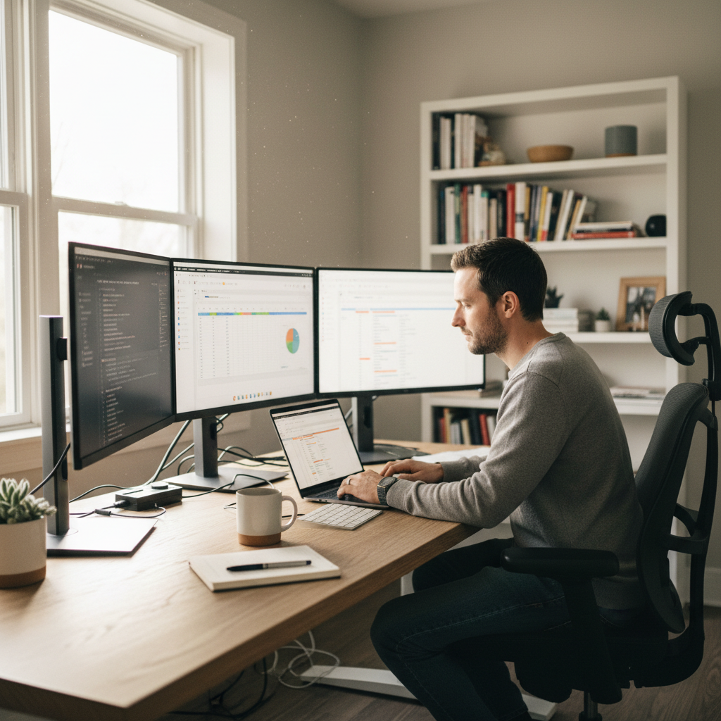 Person working from home on laptop with productivity setup