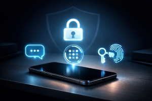Minimal illustration comparing SMS 2FA, authenticator app codes, and passkeys for secure login.