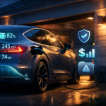 Electric car charging at home with holographic overlays showing battery, range, and charging insights