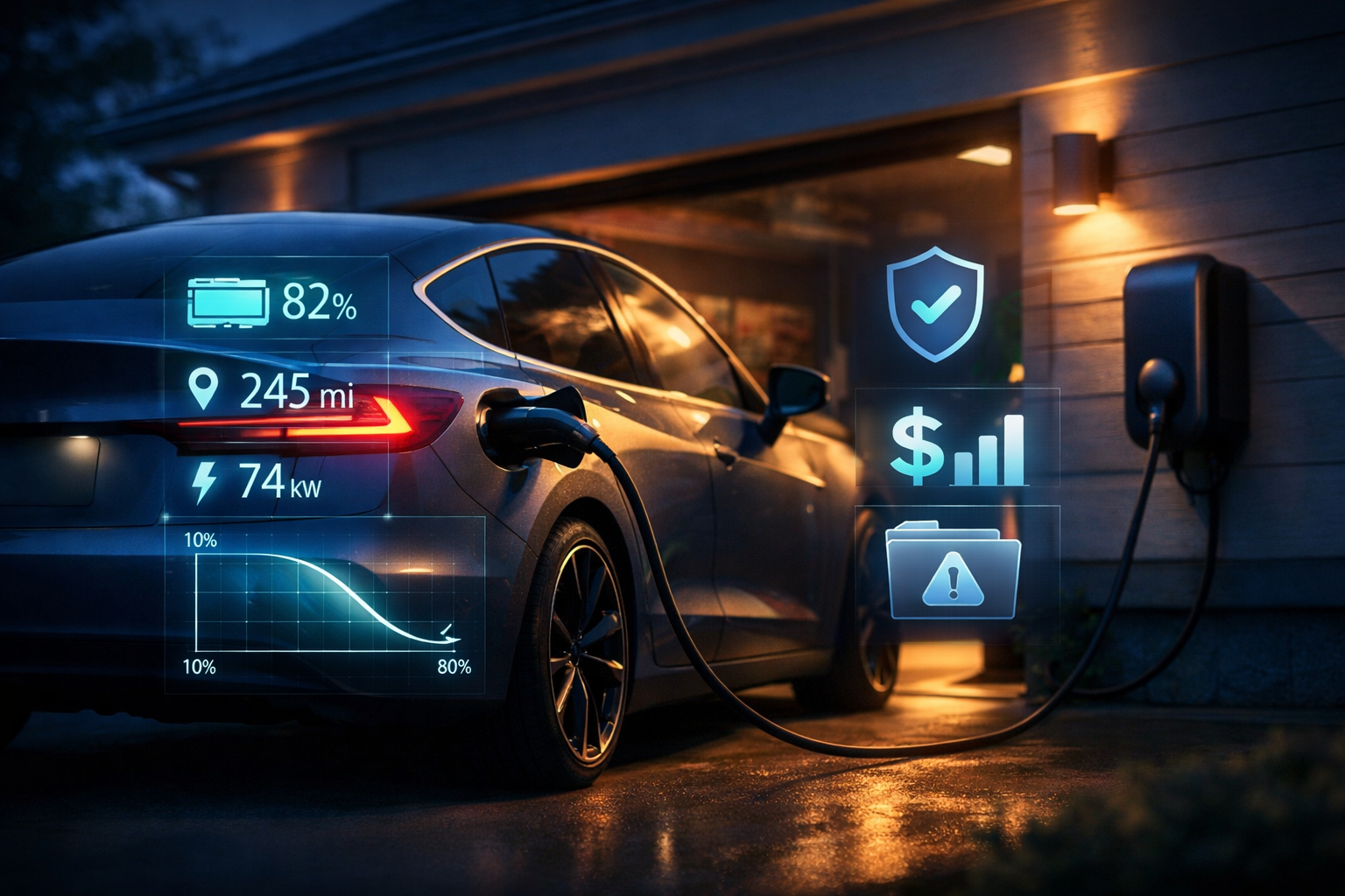 Electric car charging at home with holographic overlays showing battery, range, and charging insights