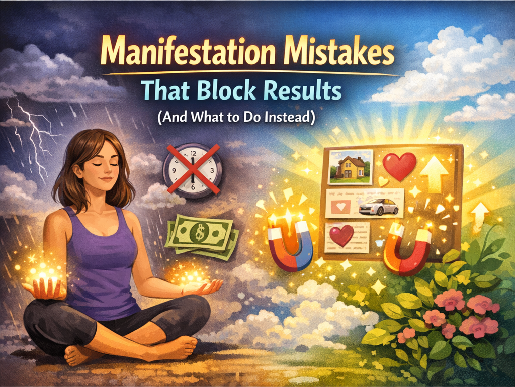 Manifestation mistakes that block results with a glowing seed and calming energy lines illustration