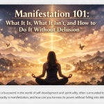 Woman meditating under a glowing spiral of light representing grounded manifestation practice