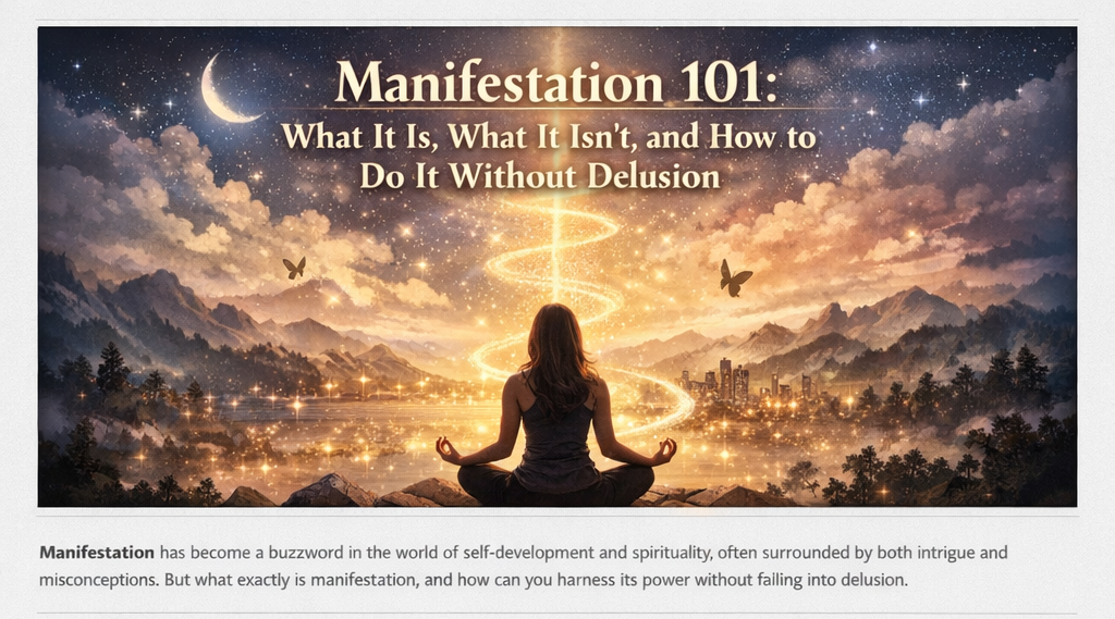 Woman meditating under a glowing spiral of light representing grounded manifestation practice