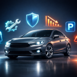 Modern illustration showing a car surrounded by icons for fuel, service, insurance, depreciation, and unexpected costs.