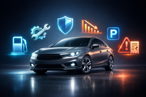 Modern illustration showing a car surrounded by icons for fuel, service, insurance, depreciation, and unexpected costs.