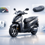 Scooter buying guide visual showing mileage, comfort, service cost, and resale value icons