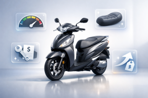 Scooter buying guide visual showing mileage, comfort, service cost, and resale value icons