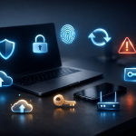 The 15-minute security upgrade checklist with modern security icons around a laptop and phone
