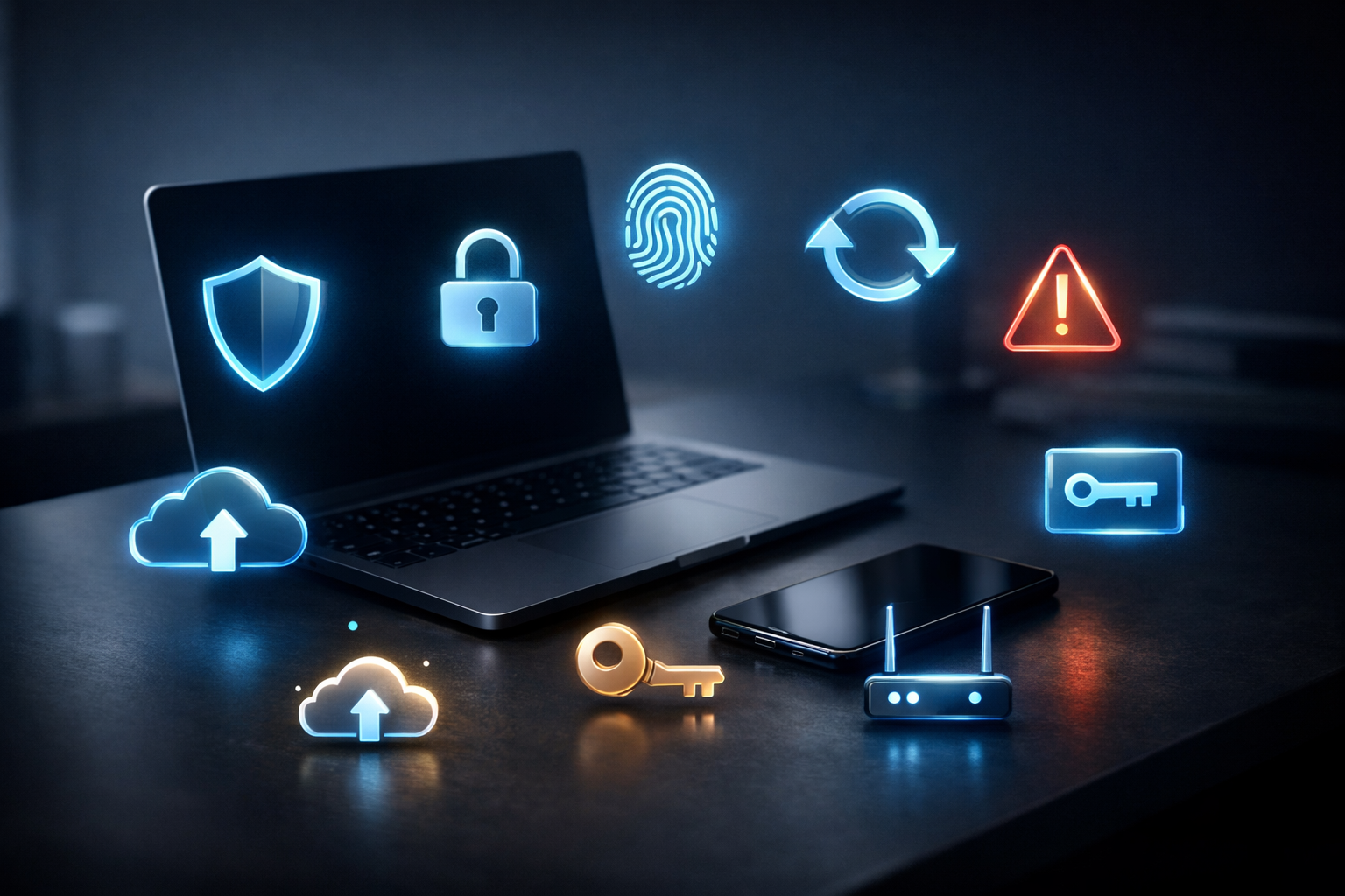 The 15-minute security upgrade checklist with modern security icons around a laptop and phone