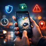 Ride-sharing hacks illustration with smartphone, map pin, savings and safety icons