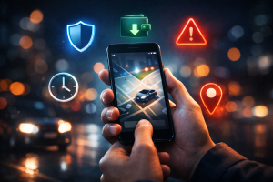 Ride-sharing hacks illustration with smartphone, map pin, savings and safety icons