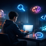 AI tools floating as holographic icons around a person working on a laptop like superpowers