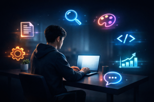 AI tools floating as holographic icons around a person working on a laptop like superpowers