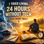 Split-scene featured image showing a cracked smartphone and floating app icons on the left, and a peaceful sunset lakeside with a person sitting, an open book, notebook, map, clock, and lantern on the right—representing living 24 hours without tech.