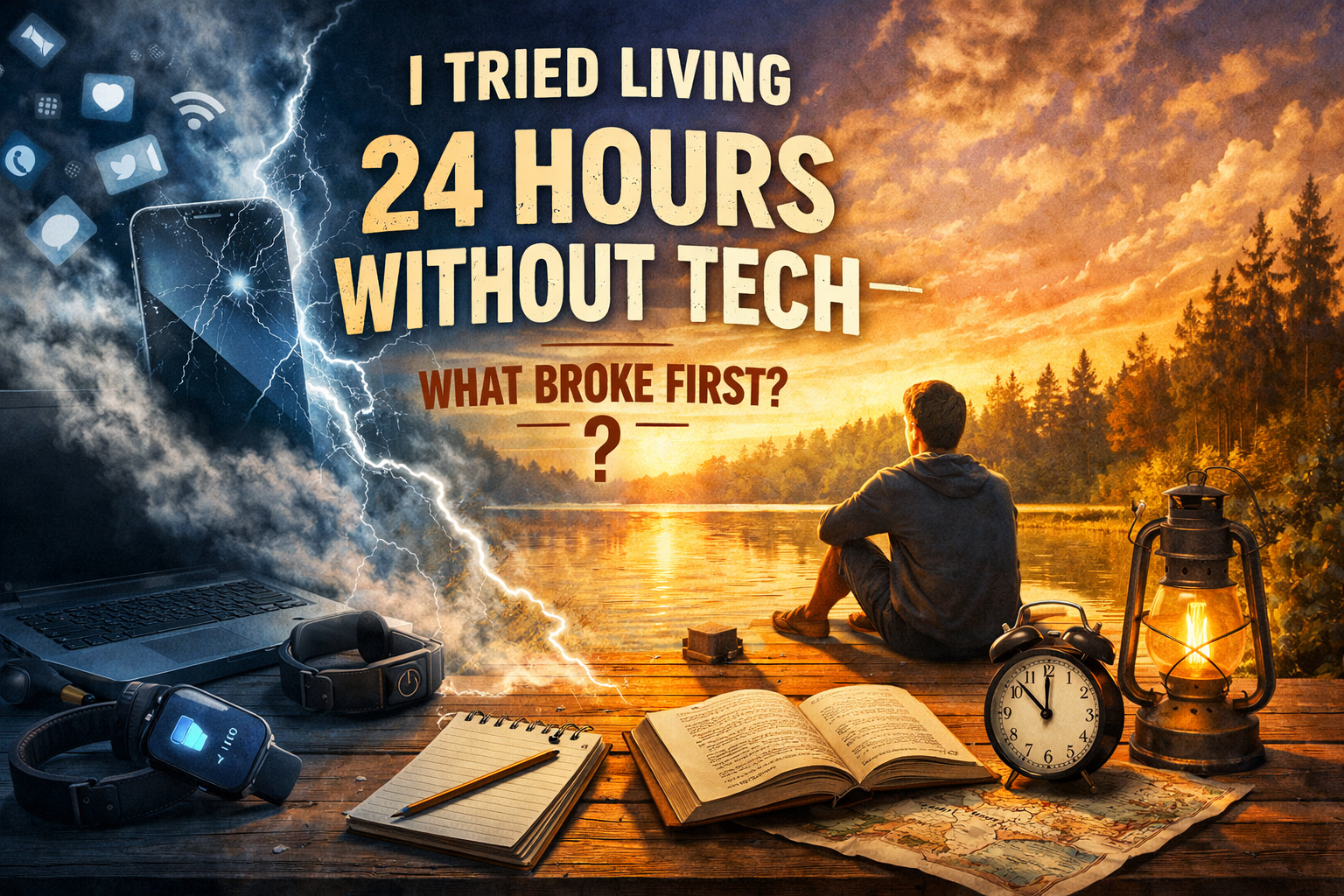 Split-scene featured image showing a cracked smartphone and floating app icons on the left, and a peaceful sunset lakeside with a person sitting, an open book, notebook, map, clock, and lantern on the right—representing living 24 hours without tech.
