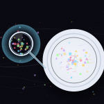 A magnifying glass highlighting colorful microplastic particles above a dinner plate on a dark background.