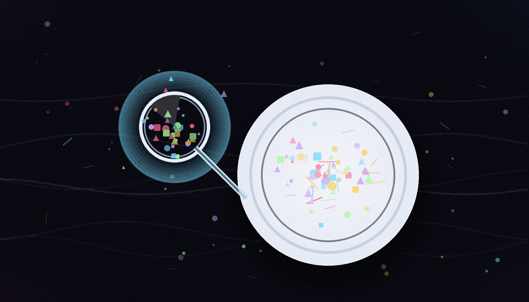 A magnifying glass highlighting colorful microplastic particles above a dinner plate on a dark background.