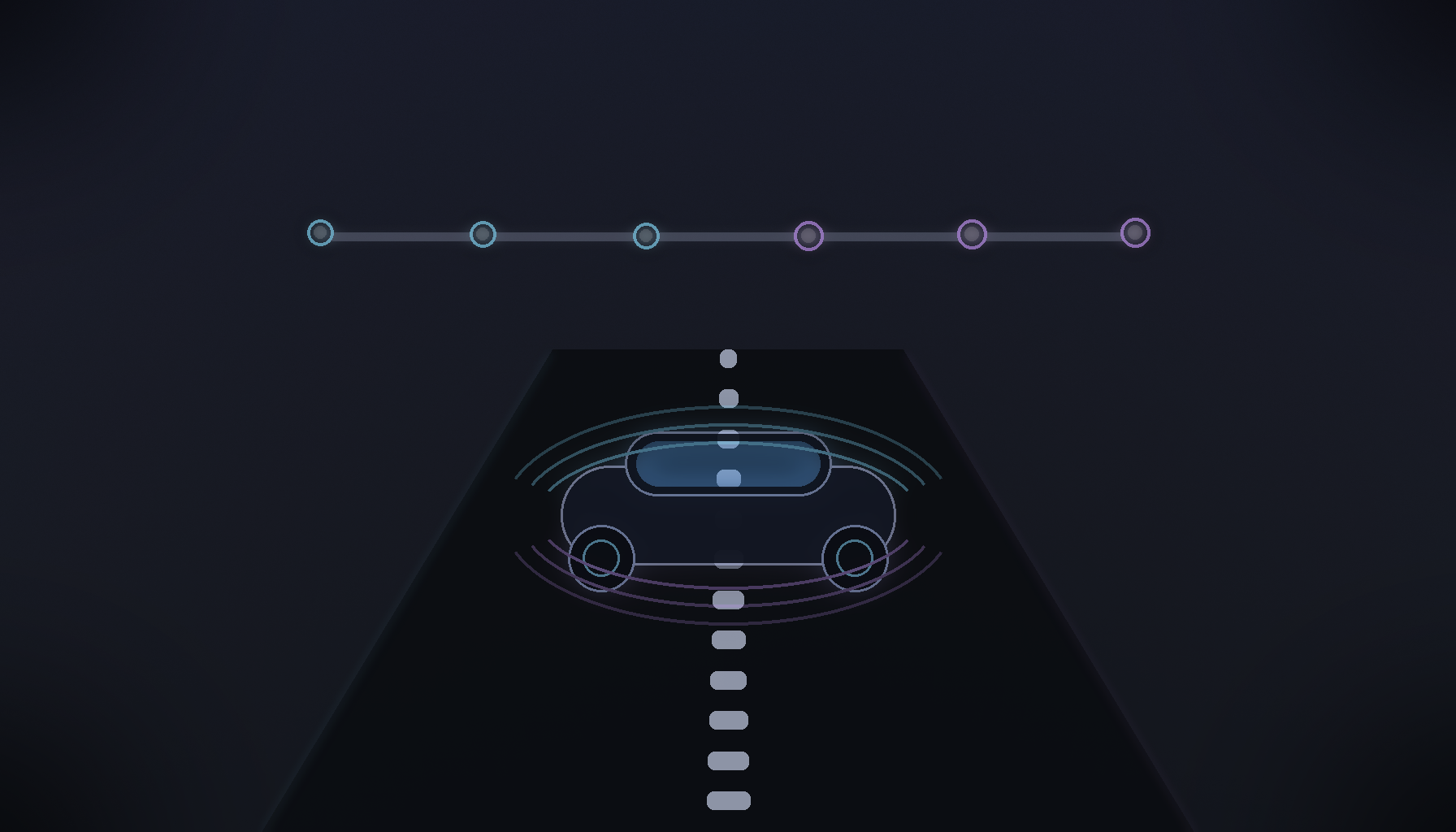 Abstract self-driving concept image showing a modern car silhouette on a glowing highway with a six-step automation indicator