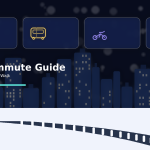 Illustrated city commute comparison showing Metro, Bus, Bike, and Walk options above a modern skyline