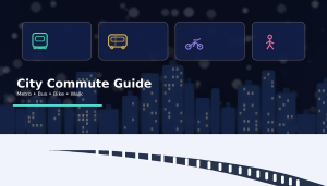Illustrated city commute comparison showing Metro, Bus, Bike, and Walk options above a modern skyline
