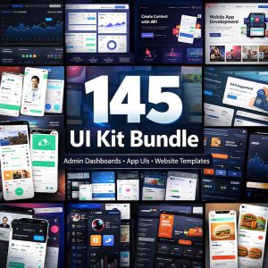 145 UI Kit Bundle Mega Pack | Figma App UI Kits + Admin Dashboards + Website Templates + Landing Pages + 3D Icons | UX/Ui Design Bundle