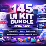 Featured image showing “145 UI Kit Bundle Mega Pack” with Figma UI kits, admin dashboards, landing pages, website templates, and 3D icons on a futuristic purple gradient background.