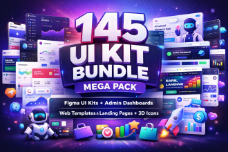 Featured image showing “145 UI Kit Bundle Mega Pack” with Figma UI kits, admin dashboards, landing pages, website templates, and 3D icons on a futuristic purple gradient background.